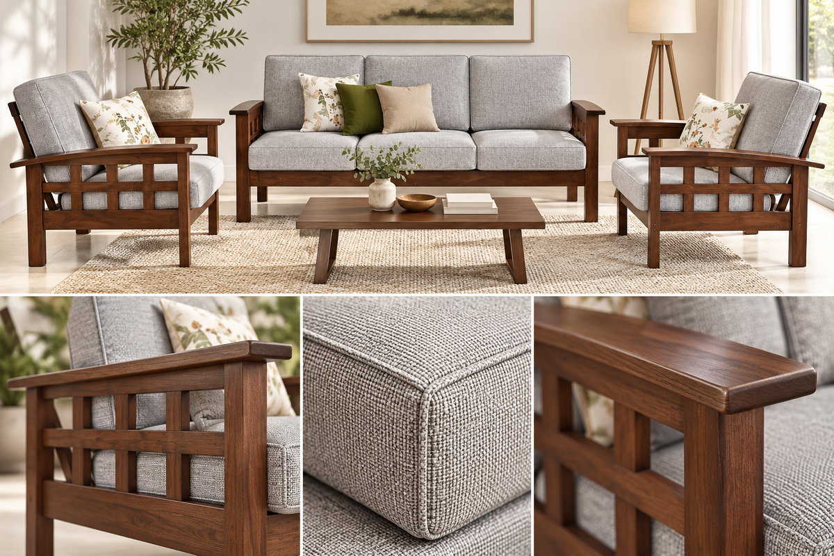 Light Grey Grid-Arm Teak Wood Sofa Set (3+1+1) material close up view