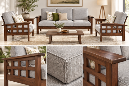 Light Grey Grid-Arm Teak Wood Sofa Set (3+1+1) material close up view