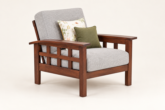 Light Grey Grid-Arm Teak Wood Sofa Set (3+1+1) single seater view