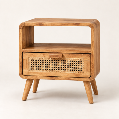Light Sheesham wood bedside table with cane door by Latest Furniture