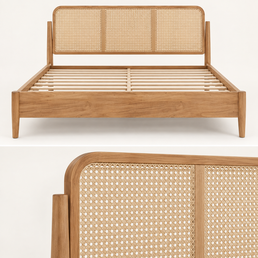 Light Wood Cane Bed in teak wood — close-up of headboard