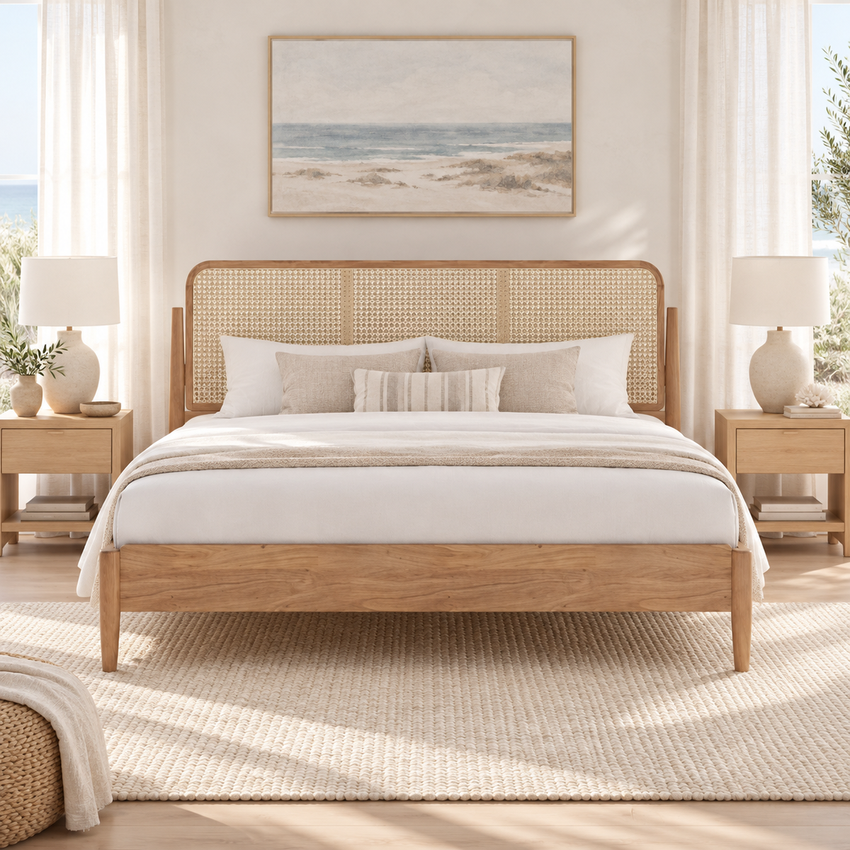 Light Wood Cane Bed in teak wood — front view styled in bedroom