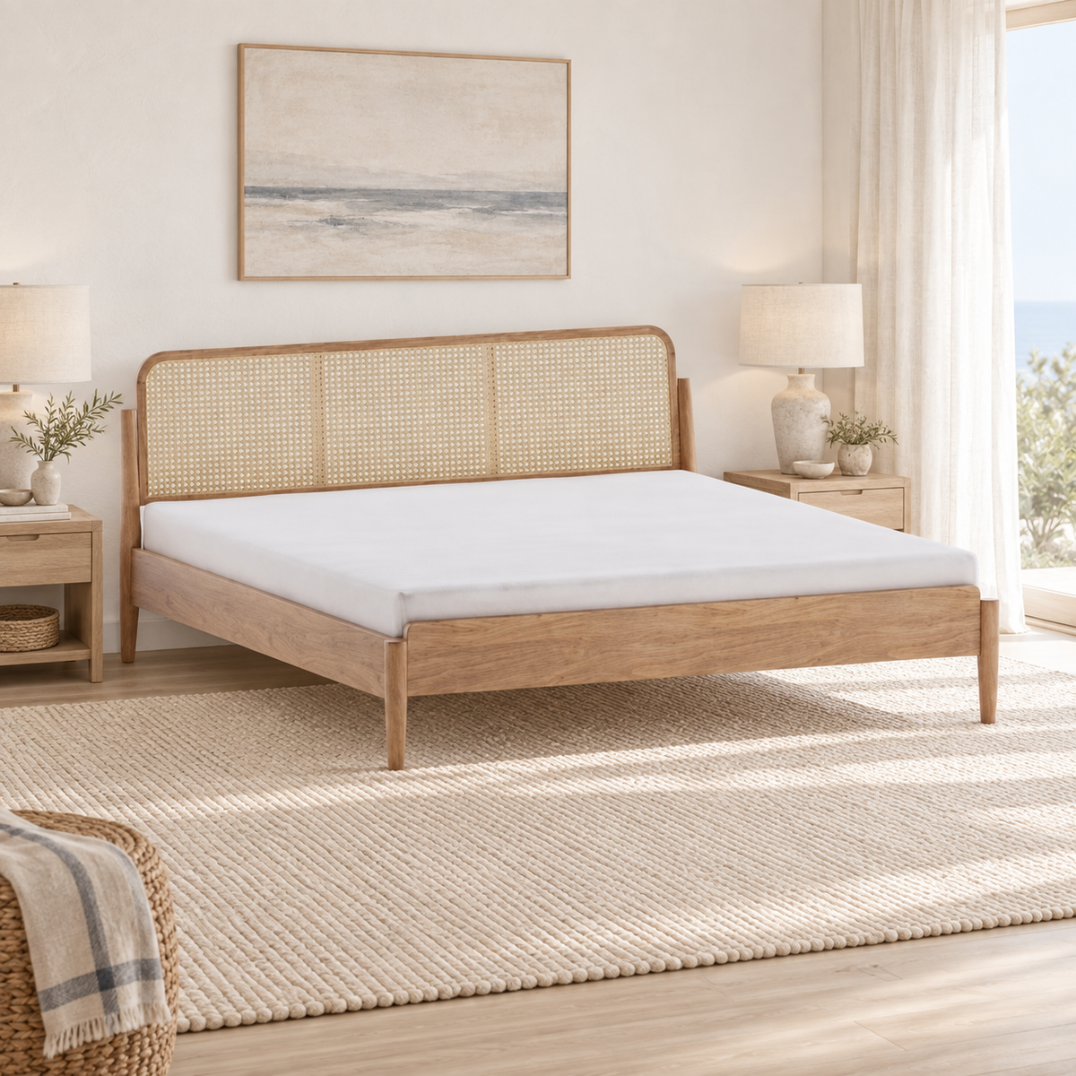 Light Wood Cane Bed in teak wood — side view styled in bedroom