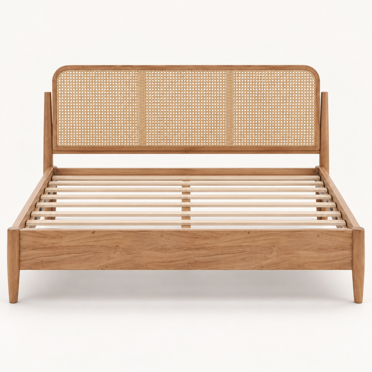 Light Wood Cane Bed in teak wood — front studio view of bare frame