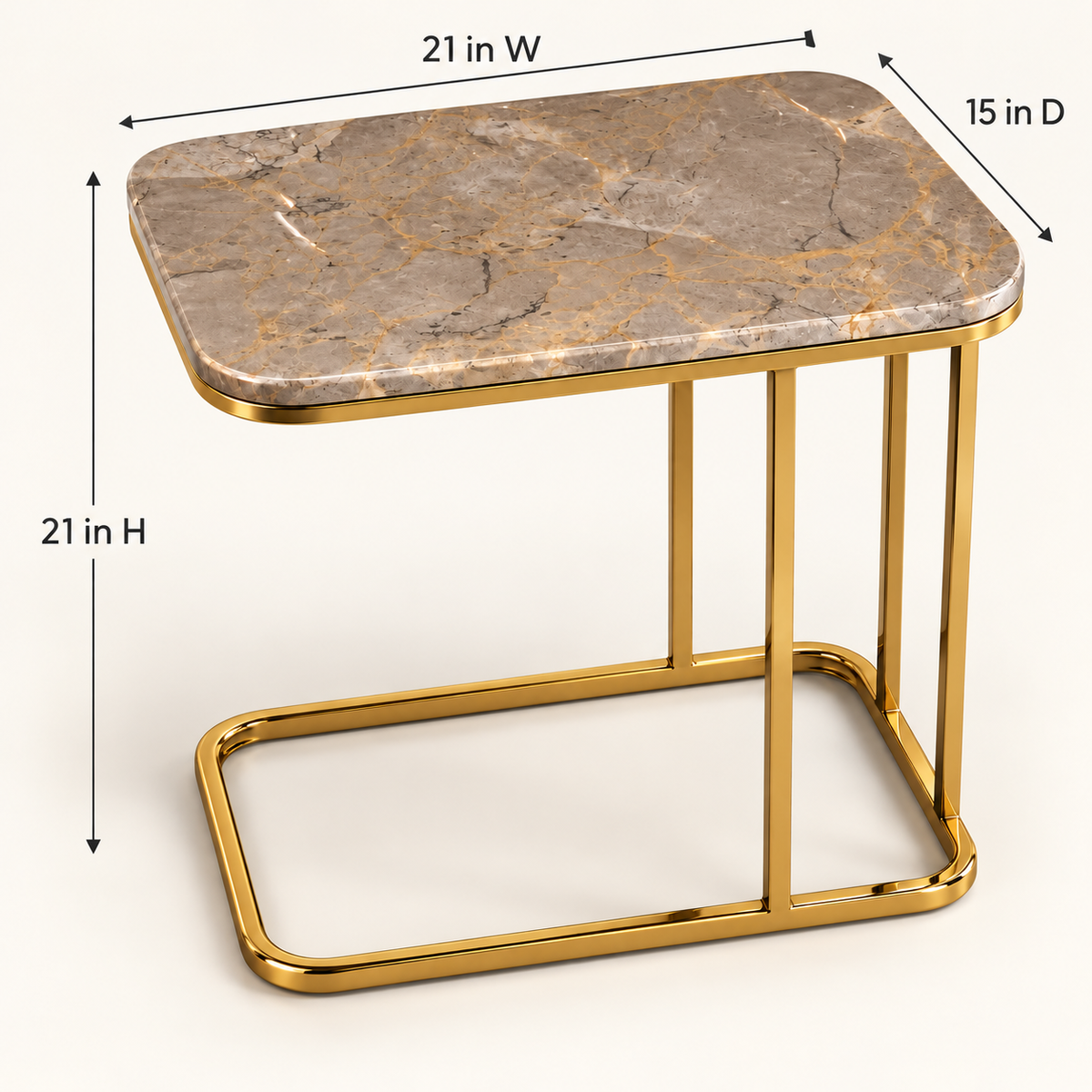 Rectangular Marble Gold Cantilever Side Table - dimensions 21 W × 15 D × 21 H inches