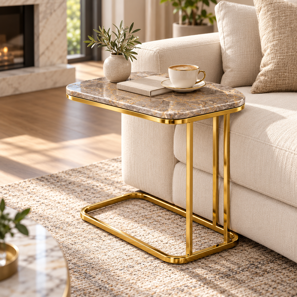 Rectangular Marble Gold Cantilever Side Table - living room lifestyle view