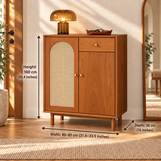 Medium Walnut Arched Cane Shoe Cabinet dimensions: 83 cm W × 38 cm D × 100 cm H (32.7″ × 15″ × 39.4″)