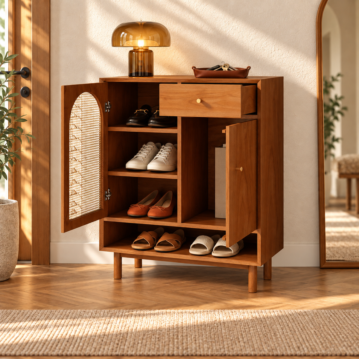 Medium Walnut Arched Cane Shoe Cabinet styled in an entryway with footwear and everyday accessories