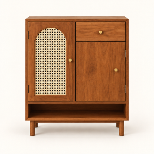 Medium Walnut Arched Cane Shoe Cabinet clean front studio view in medium walnut finish
