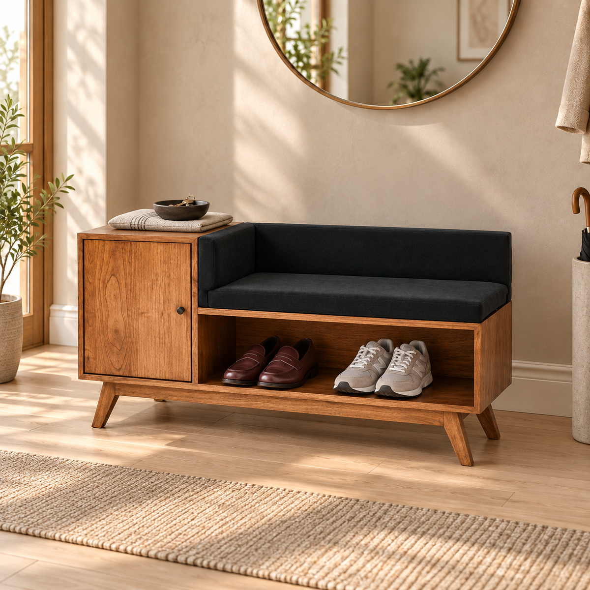 Medium Walnut Shoe Storage Bench with Backrest styled in an entryway with footwear and everyday accessories