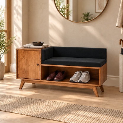 Medium Walnut Shoe Storage Bench with Backrest styled in an entryway with footwear and everyday accessories
