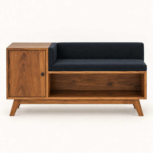 Medium Walnut Shoe Storage Bench with Backrest clean front studio view in medium walnut finish