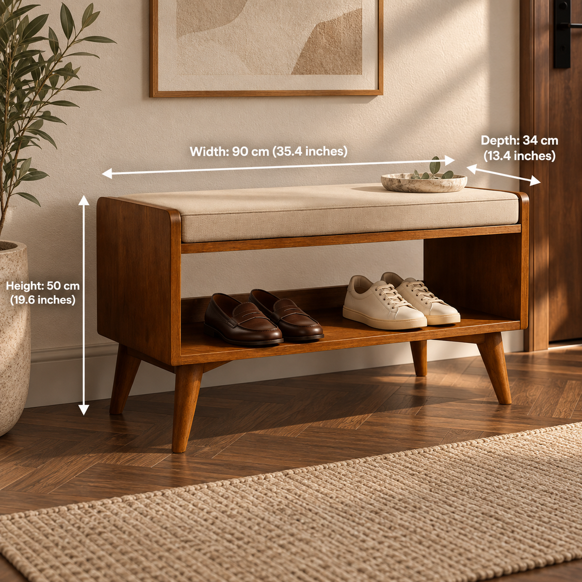 Medium Walnut Shoe Storage Bench with Shelf dimensions: 90 cm W × 34 cm D × 50 cm H (35.4″ × 13.4″ × 19.6″)