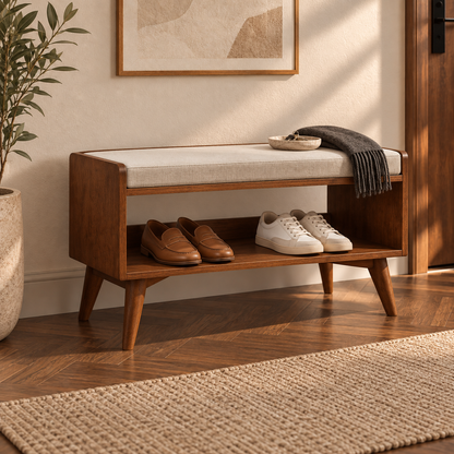 Medium Walnut Shoe Storage Bench with Shelf styled in an entryway with footwear and everyday accessories