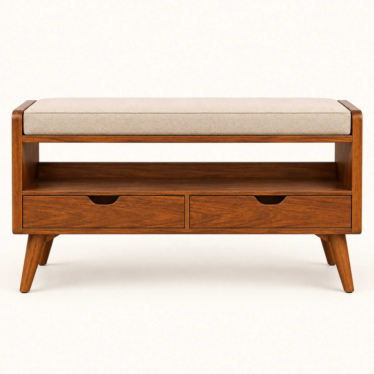 Medium Walnut Shoe Storage Bench with Shelf clean front studio view in medium walnut finish