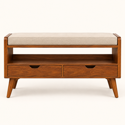 Medium Walnut Shoe Storage Bench with Shelf clean front studio view in medium walnut finish