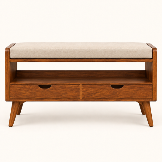 Medium Walnut Shoe Storage Bench with Shelf clean front studio view in medium walnut finish