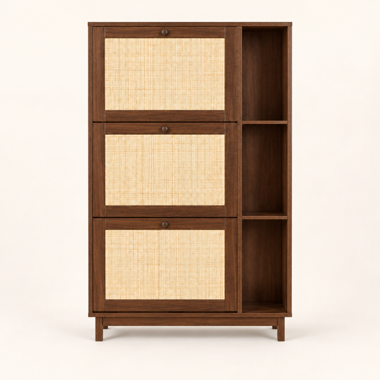 Medium Walnut Tall Cane Shoe Cabinet dimensions: 80 cm W × 24 cm D × 127 cm H (31.5″ × 9.4″ × 50″)