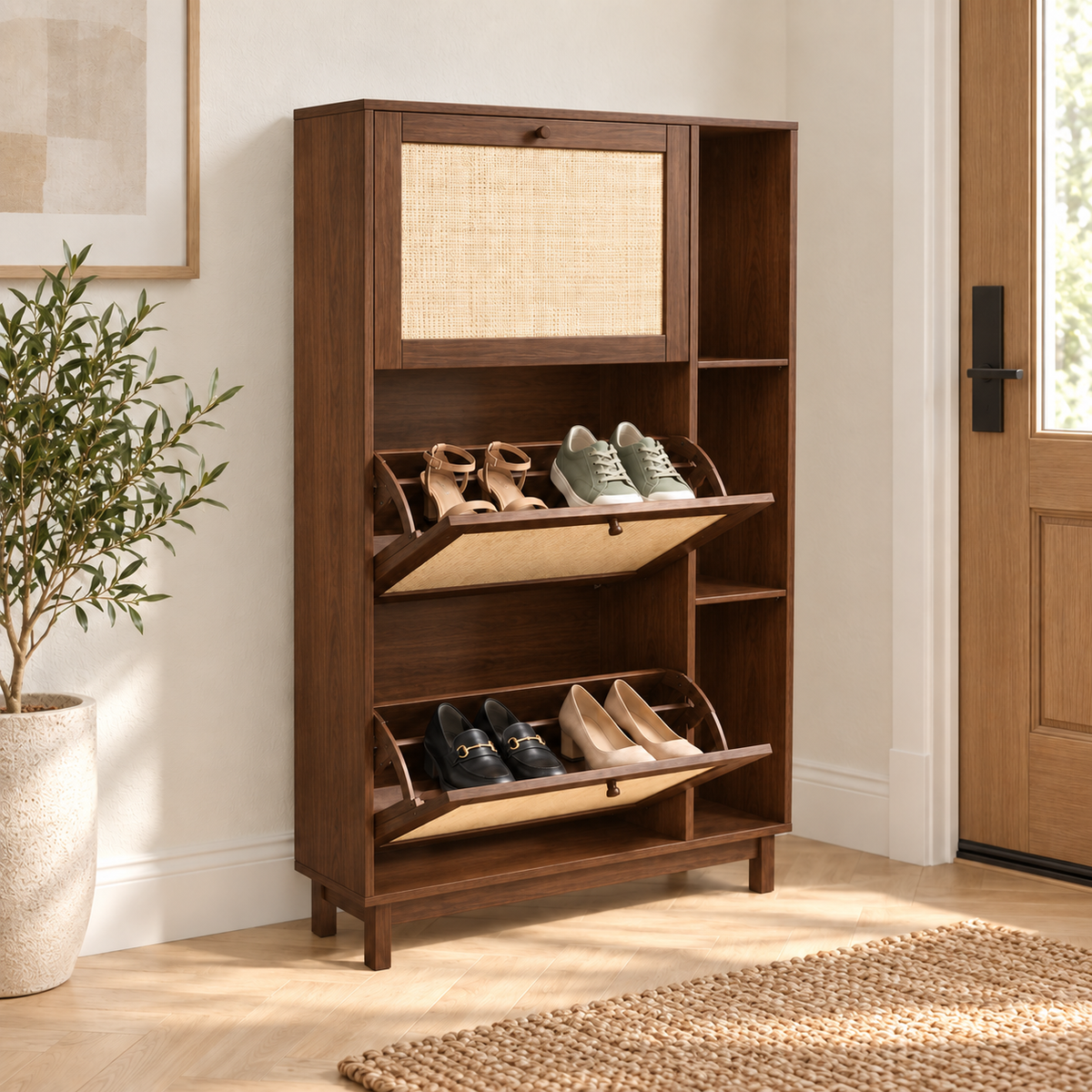 Medium Walnut Tall Cane Shoe Cabinet styled in an entryway with footwear and everyday accessories