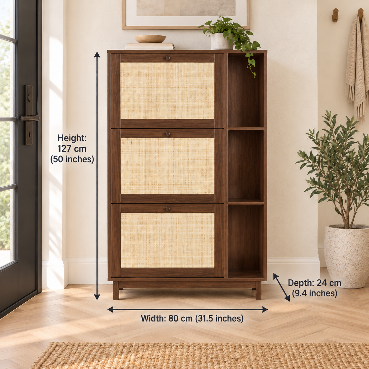 Medium Walnut Tall Cane Shoe Cabinet clean front studio view in medium walnut finish