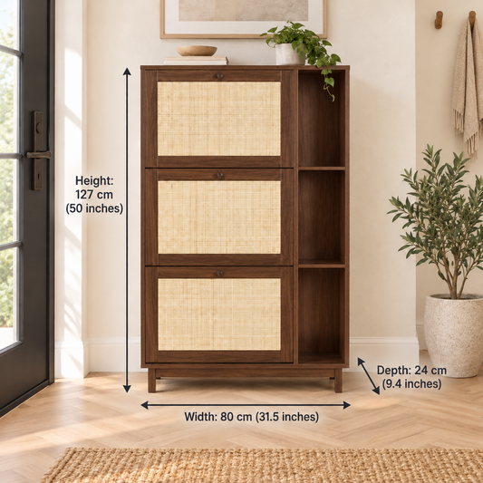 Medium Walnut Tall Cane Shoe Cabinet clean front studio view in medium walnut finish
