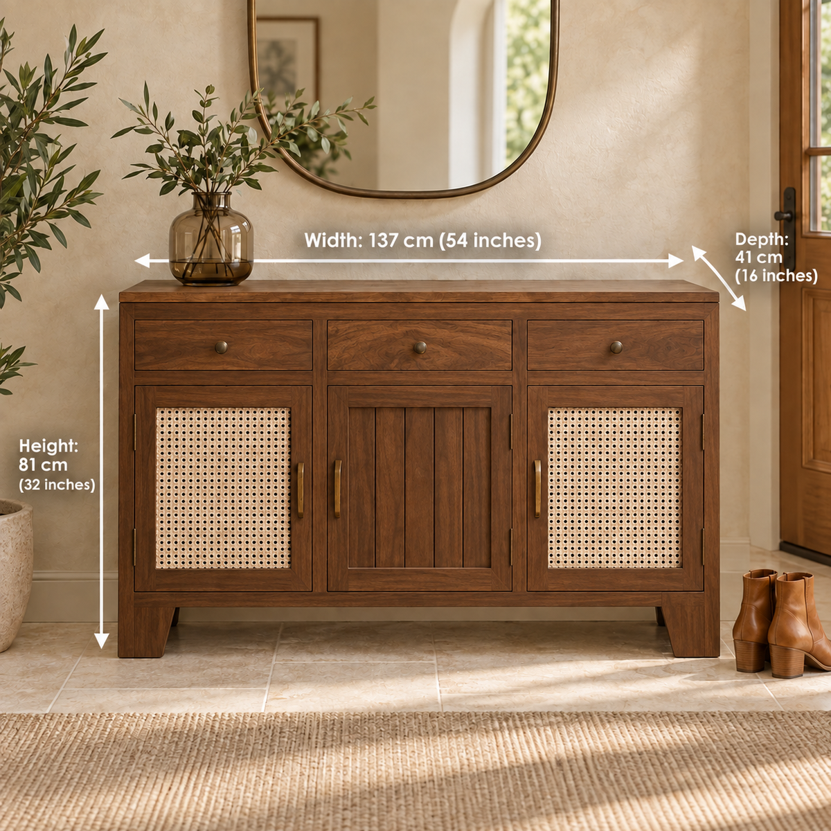 Medium Walnut Three-Door Cane Shoe Cabinet dimensions: 137 cm W × 41 cm D × 81 cm H (54″ × 16″ × 32″)