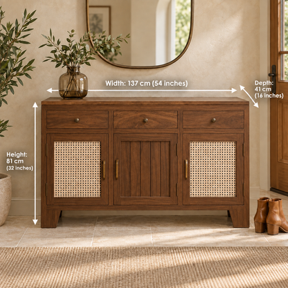 Medium Walnut Three-Door Cane Shoe Cabinet dimensions: 137 cm W × 41 cm D × 81 cm H (54″ × 16″ × 32″)