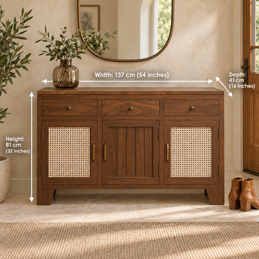 Medium Walnut Three-Door Cane Shoe Cabinet dimensions: 137 cm W × 41 cm D × 81 cm H (54″ × 16″ × 32″)