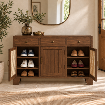 Medium Walnut Three-Door Cane Shoe Cabinet styled in an entryway with footwear and everyday accessories