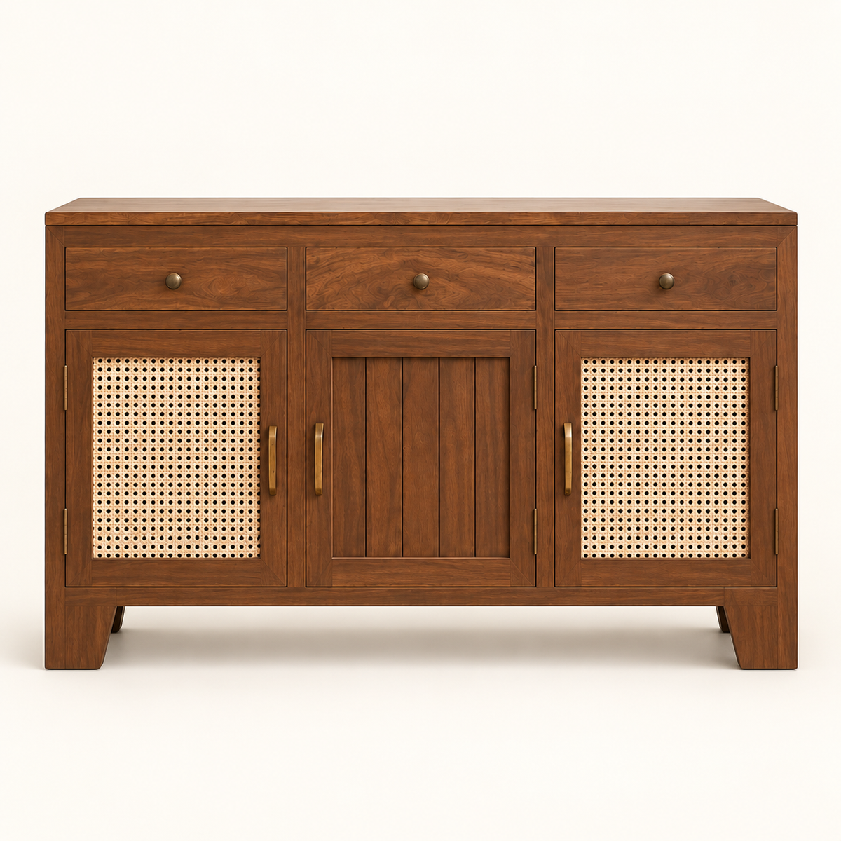 Medium Walnut Three-Door Cane Shoe Cabinet clean front studio view in medium walnut finish