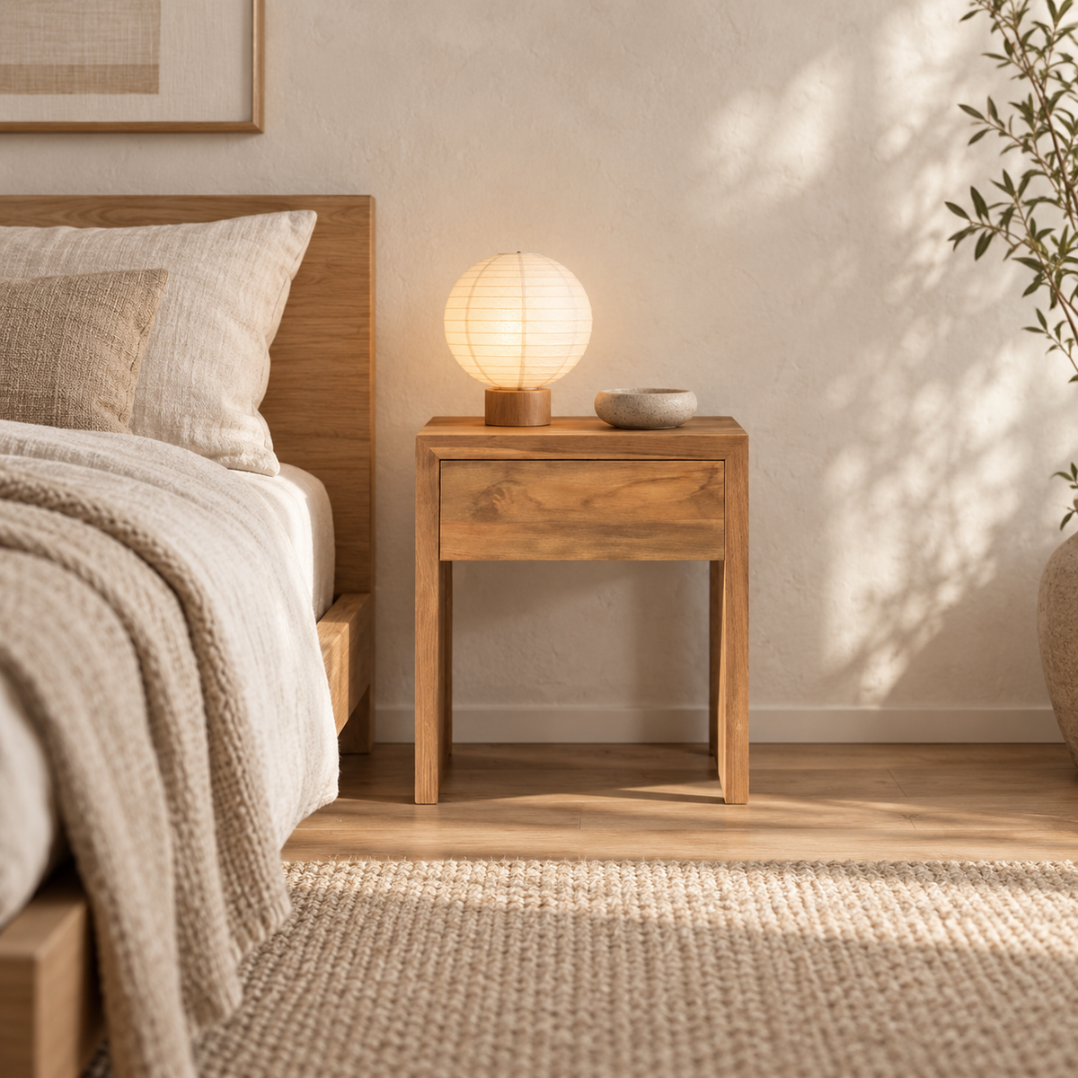 Minimal Bedside Table with Single Drawer styled beside a bed