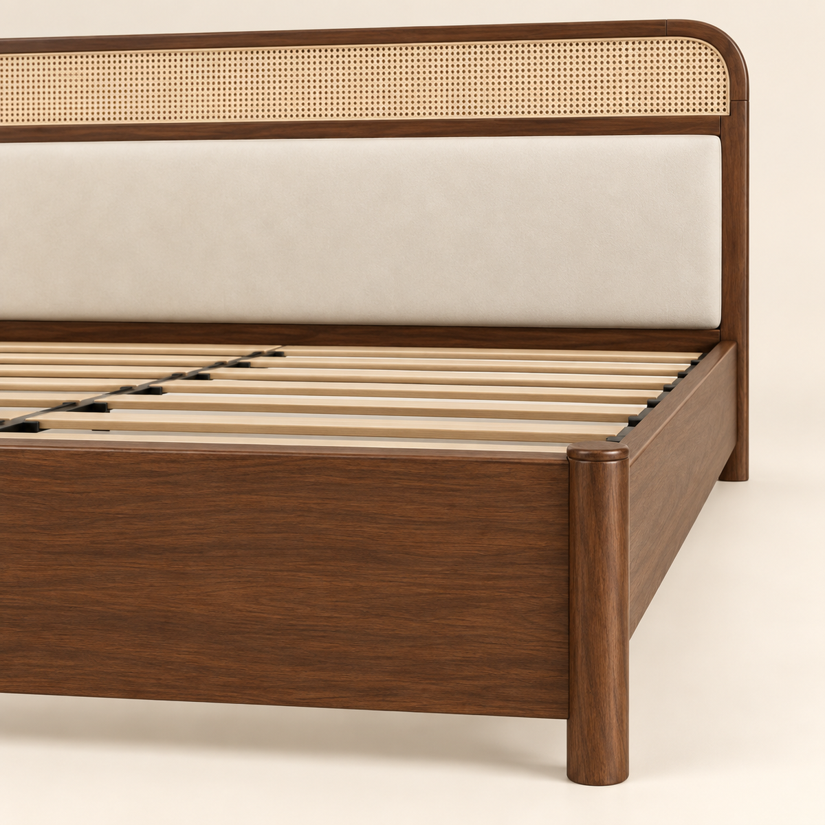 Minimal Panel Wooden Bed in teak wood — close-up of footboard