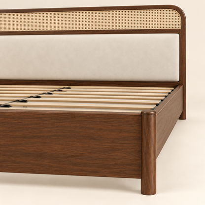 Minimal Panel Wooden Bed in teak wood — close-up of footboard