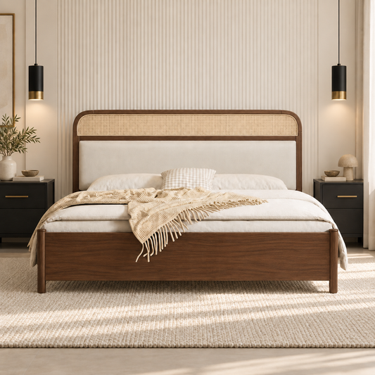Minimal Panel Wooden Bed in teak wood — front view styled in bedroom