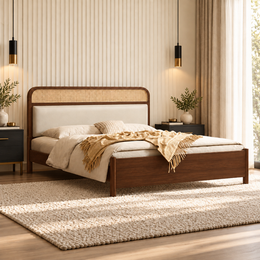 Minimal Panel Wooden Bed in teak wood — side view styled in bedroom