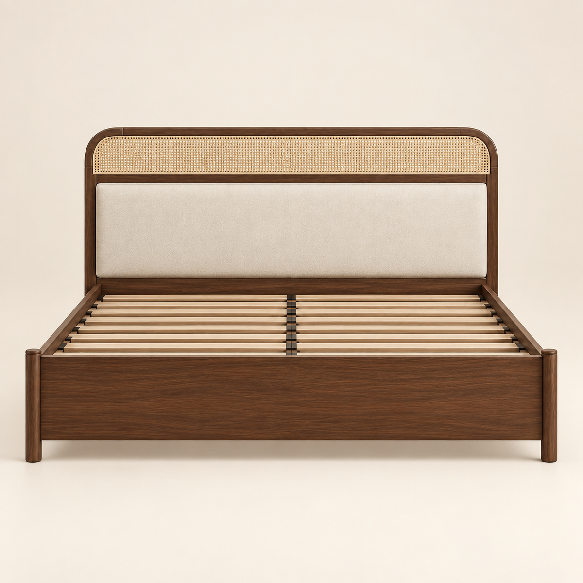Minimal Panel Wooden Bed in teak wood — front studio view of bare frame