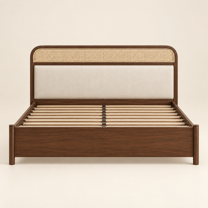 Minimal Panel Wooden Bed in teak wood — front studio view of bare frame