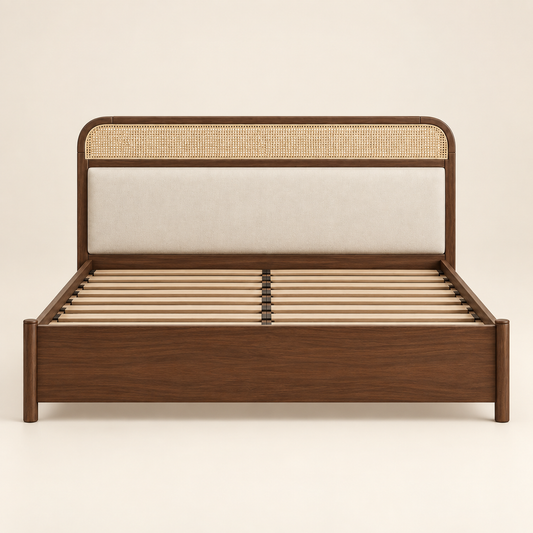 Minimal Panel Wooden Bed in teak wood — front studio view of bare frame