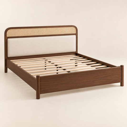 Minimal Panel Wooden Bed in teak wood — side studio view of bare frame