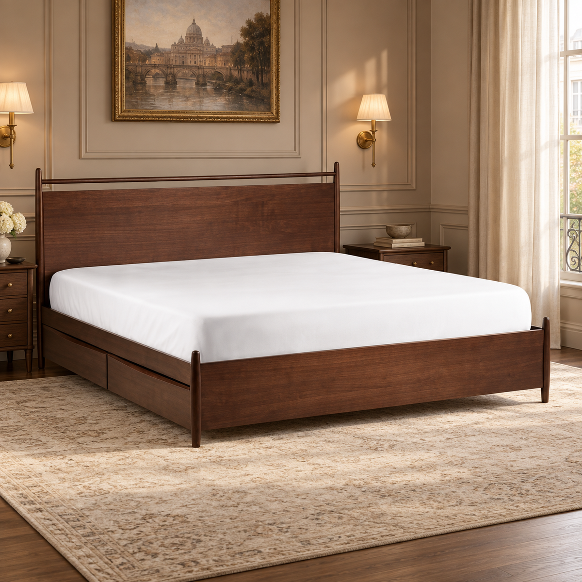 Minimalist Panel Bed with Side Drawers in a bedroom, side view