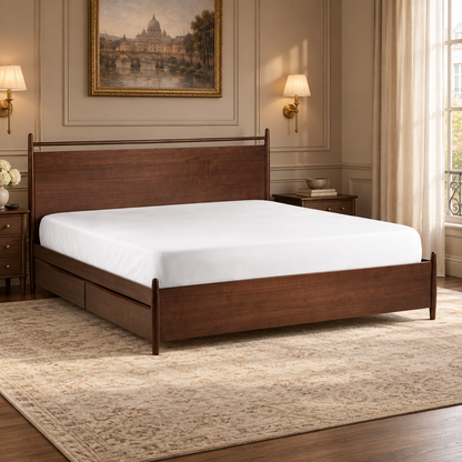 Minimalist Panel Bed with Side Drawers in a bedroom, side view