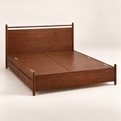 A mid-century modern wooden bed frame with a tall headboard, footboard, and built-in storage drawers on the bottom, shown on a light beige studio background.