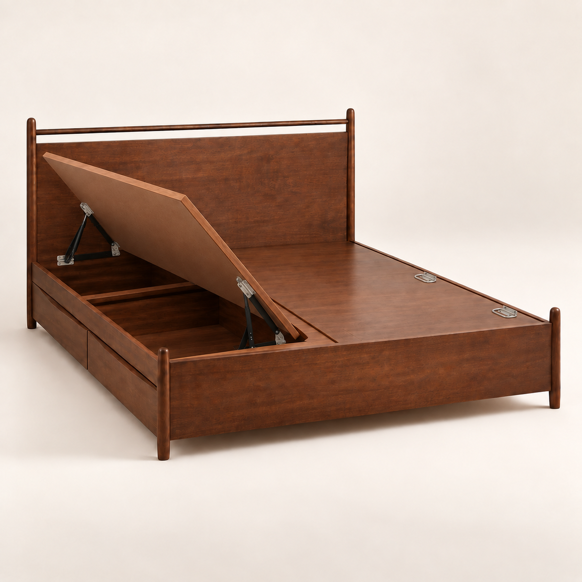 A mid-century modern wooden storage bed with a lift-up headboard and drawers, shown in a warm brown finish on a light beige background.