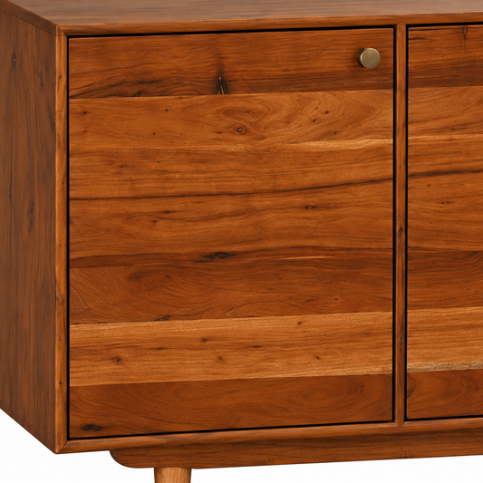Minimalist Three Door Wooden Sideboard in honey natural finish – material and detail close-up