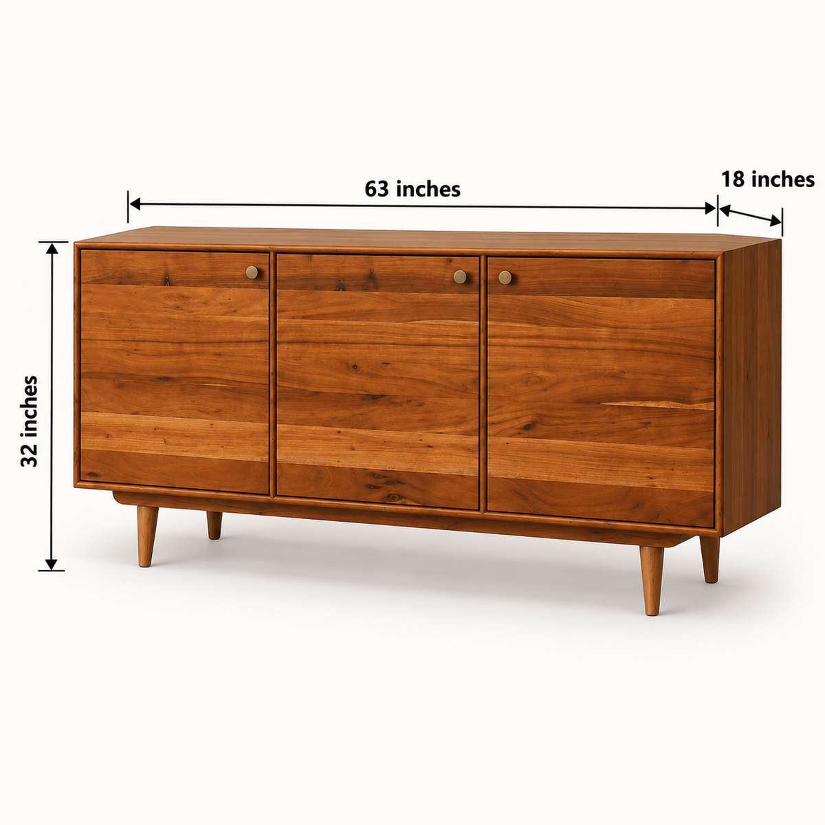 Minimalist Three Door Wooden Sideboard in honey natural finish – dimensions 43 × 18 × 32 inches, width × depth × height