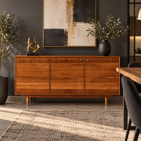 Minimalist Three Door Wooden Sideboard in honey natural finish – lifestyle setting