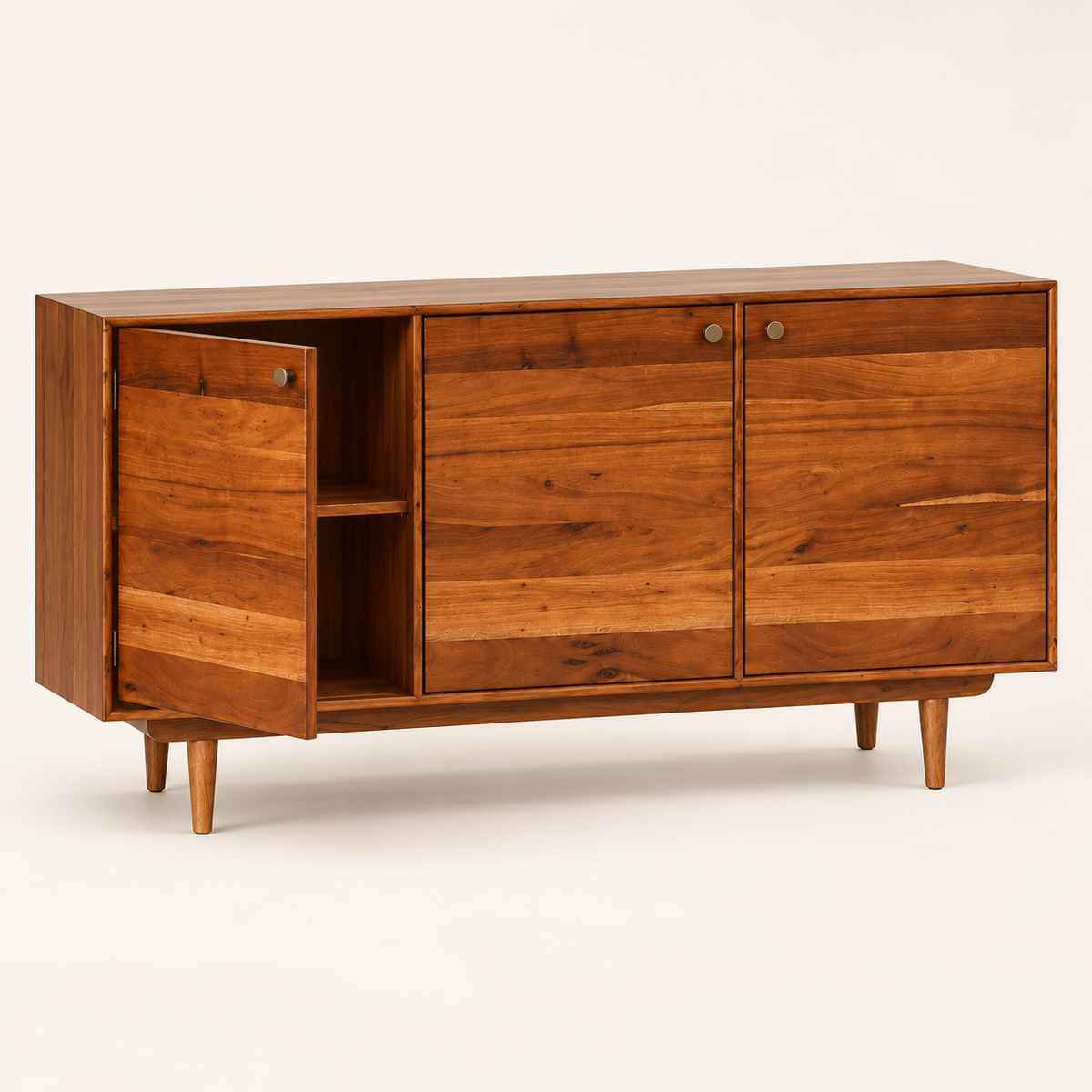Minimalist Three Door Wooden Sideboard in honey natural finish – angled side studio view