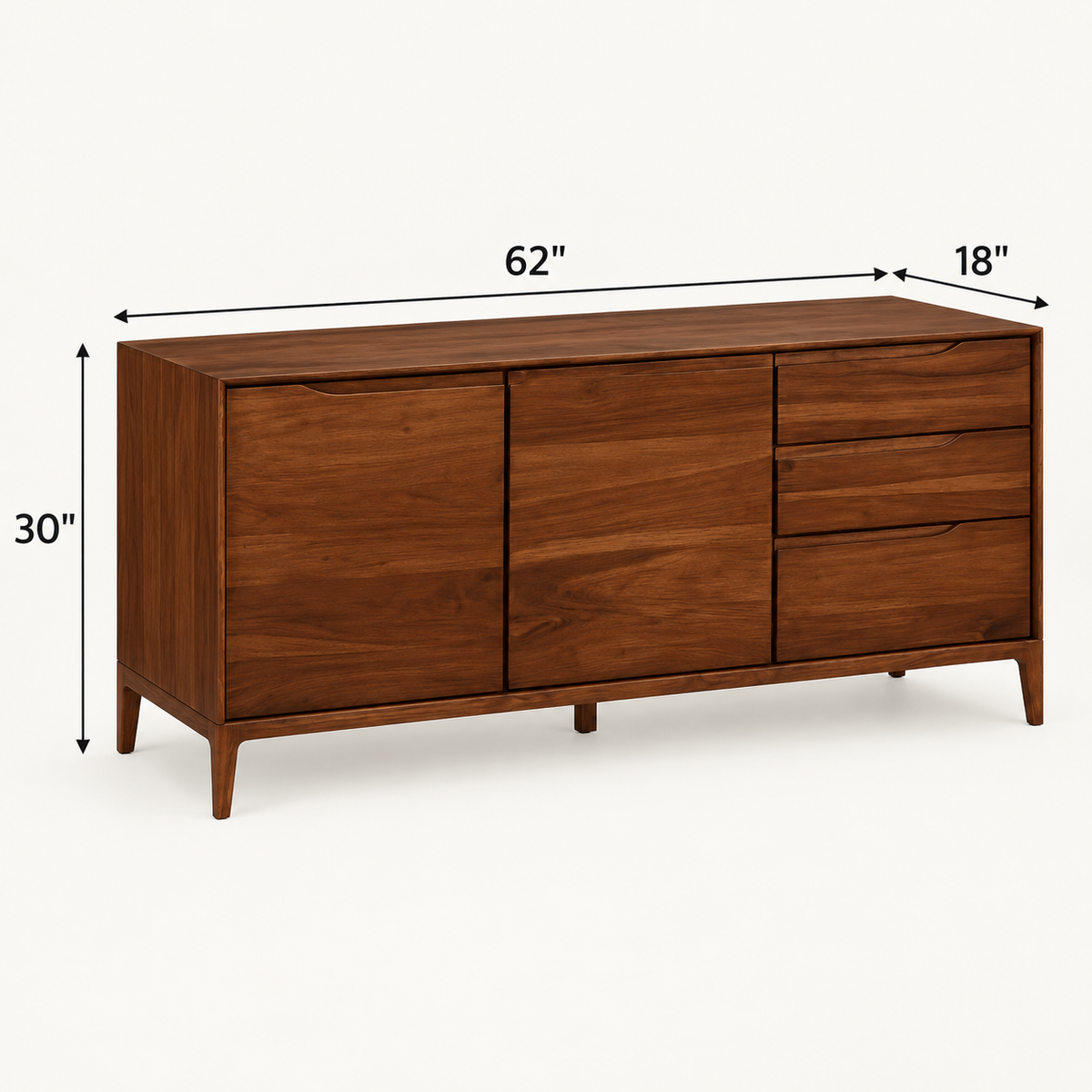Modern Wooden Sideboard with Three Drawers in dark walnut finish – dimensions 62 × 18 × 30 inches, width × depth × height