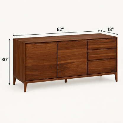 Modern Wooden Sideboard with Three Drawers in dark walnut finish – dimensions 62 × 18 × 30 inches, width × depth × height
