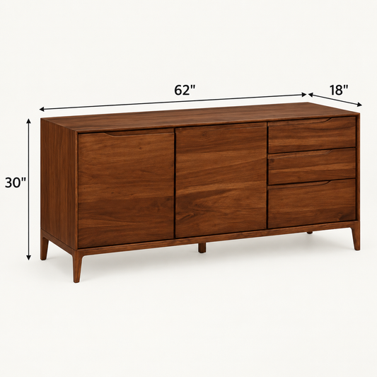 Modern Wooden Sideboard with Three Drawers in dark walnut finish – dimensions 62 × 18 × 30 inches, width × depth × height